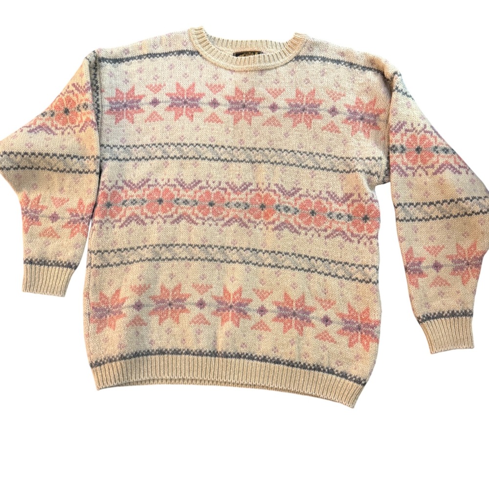 Eddie Bauer Fair Isle Snowflake Pattern Sweater M Women Wool Blend Crewneck‎